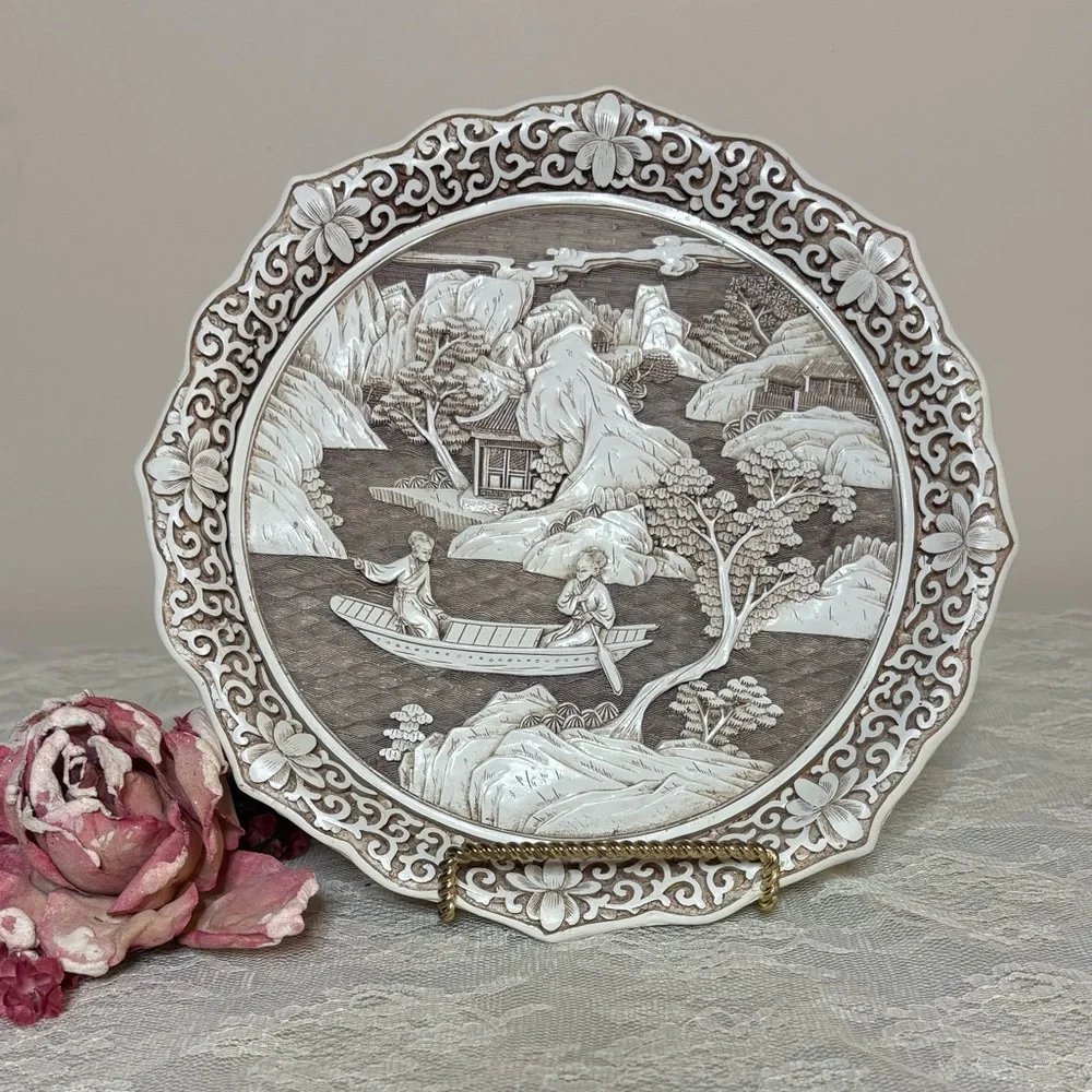 Vintage Asian Plate Ivory Dynasty Carved Art Sculpture Vintage Picture Plate